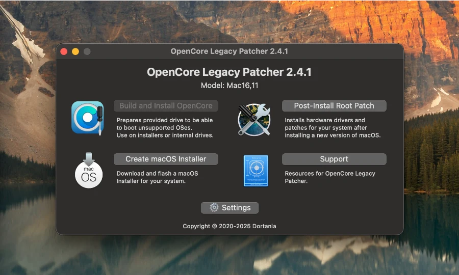 Интерфейс OpenCore Legacy Patcher