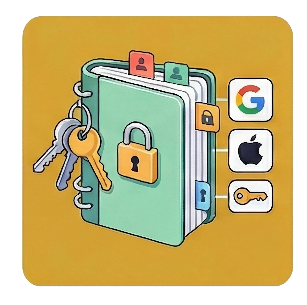 Иллюстрация записной книжки с замком и доступами Google и Apple
