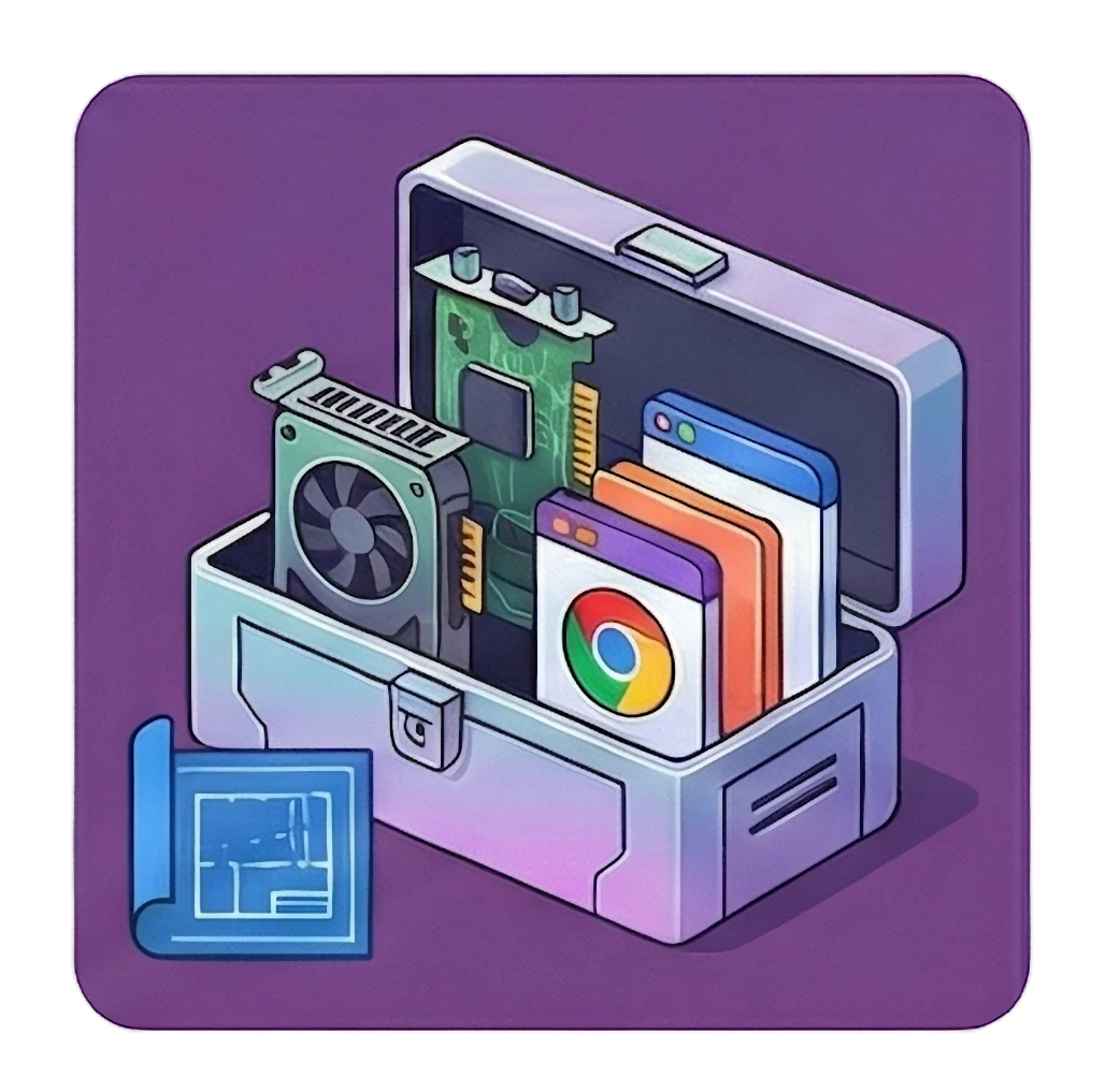 Иллюстрация набора комплектующих и программ в чемоданчике